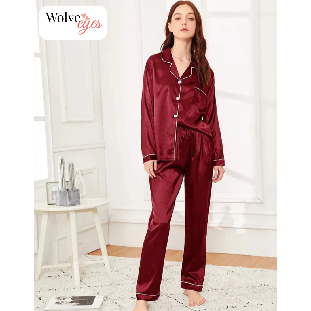 100% Silk Pajama Set with Contrast Piping