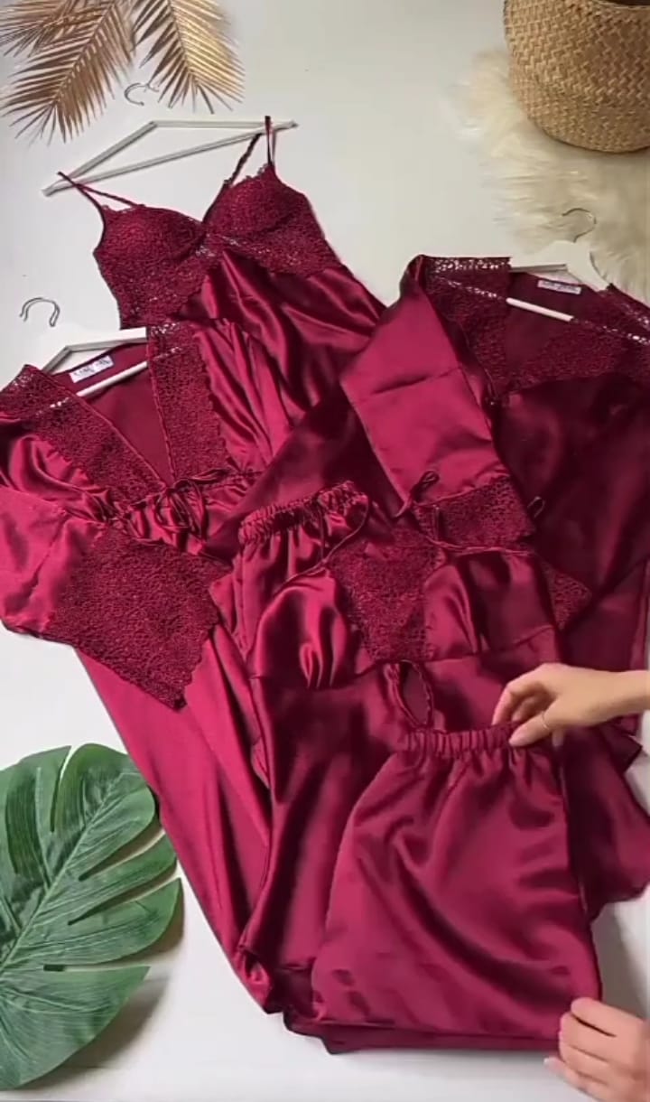 Luxury 6-Piece Satin Nightwear Set with Lace Detailing