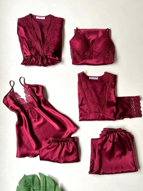 Luxury 6-Piece Satin Nightwear Set with Lace Detailing