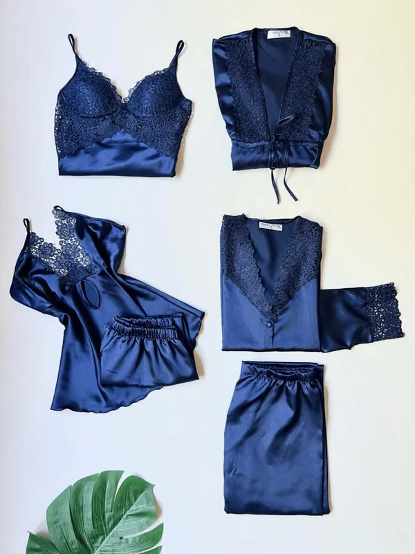 Luxury 6-Piece Satin Nightwear Set with Lace Detailing