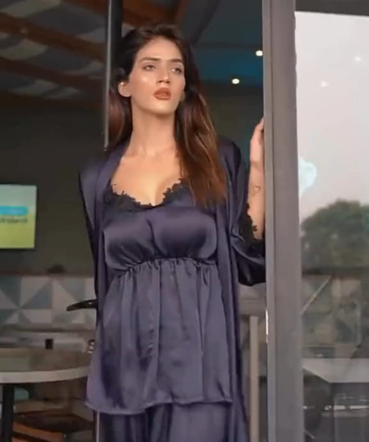 Midnight Muse 3-Piece Navy Satin Nightwear Set with Lace Trim