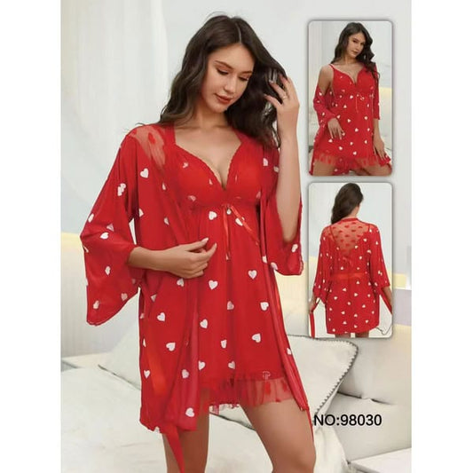 Heart Print Lace Nightwear Set – Romantic Comfort for Dreamy Nights