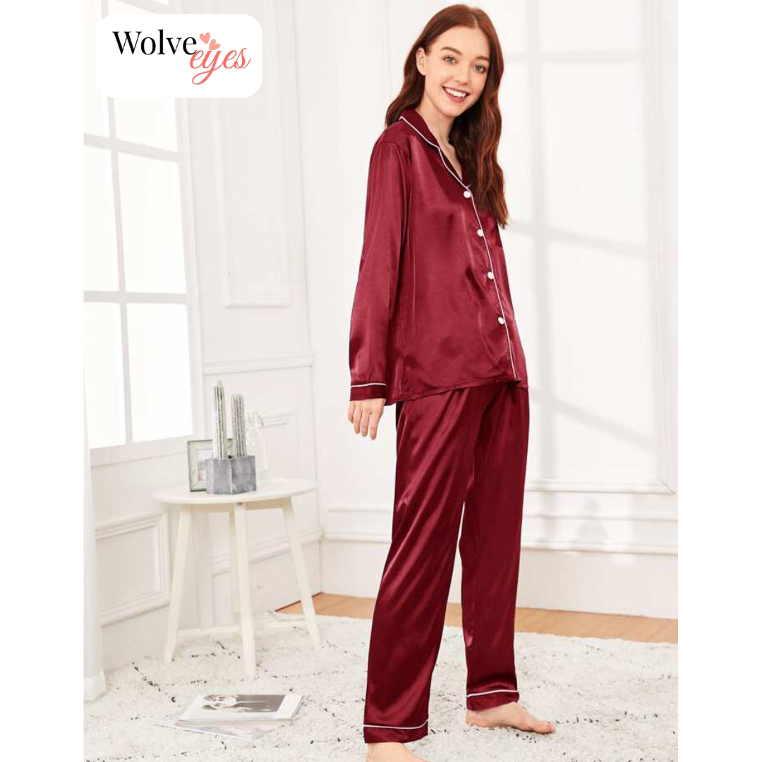100% Silk Pajama Set with Contrast Piping