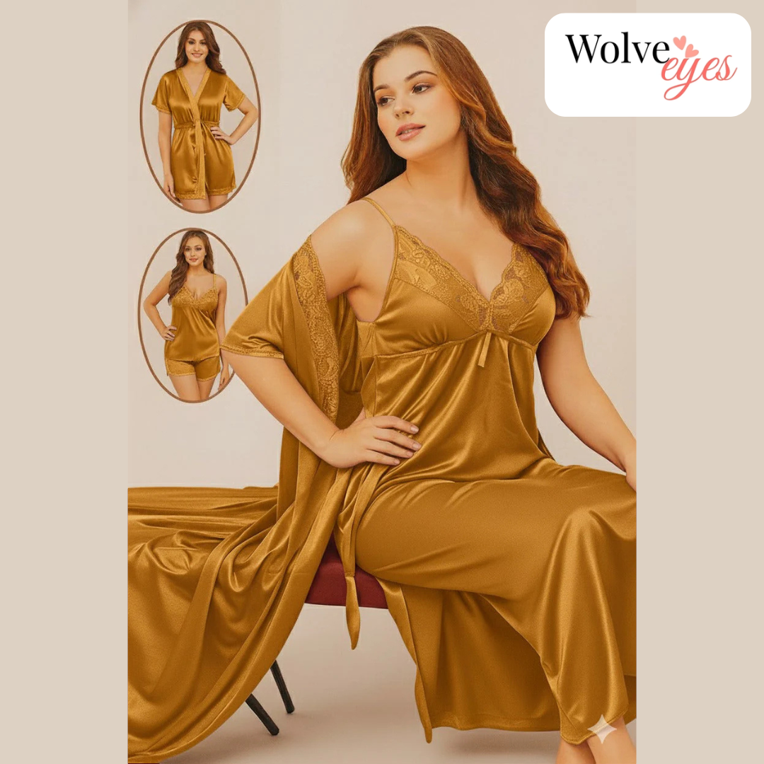 Luxury 4-Piece Silk Nightwear Set – Nightgown, Slip & Satin Robe Combo