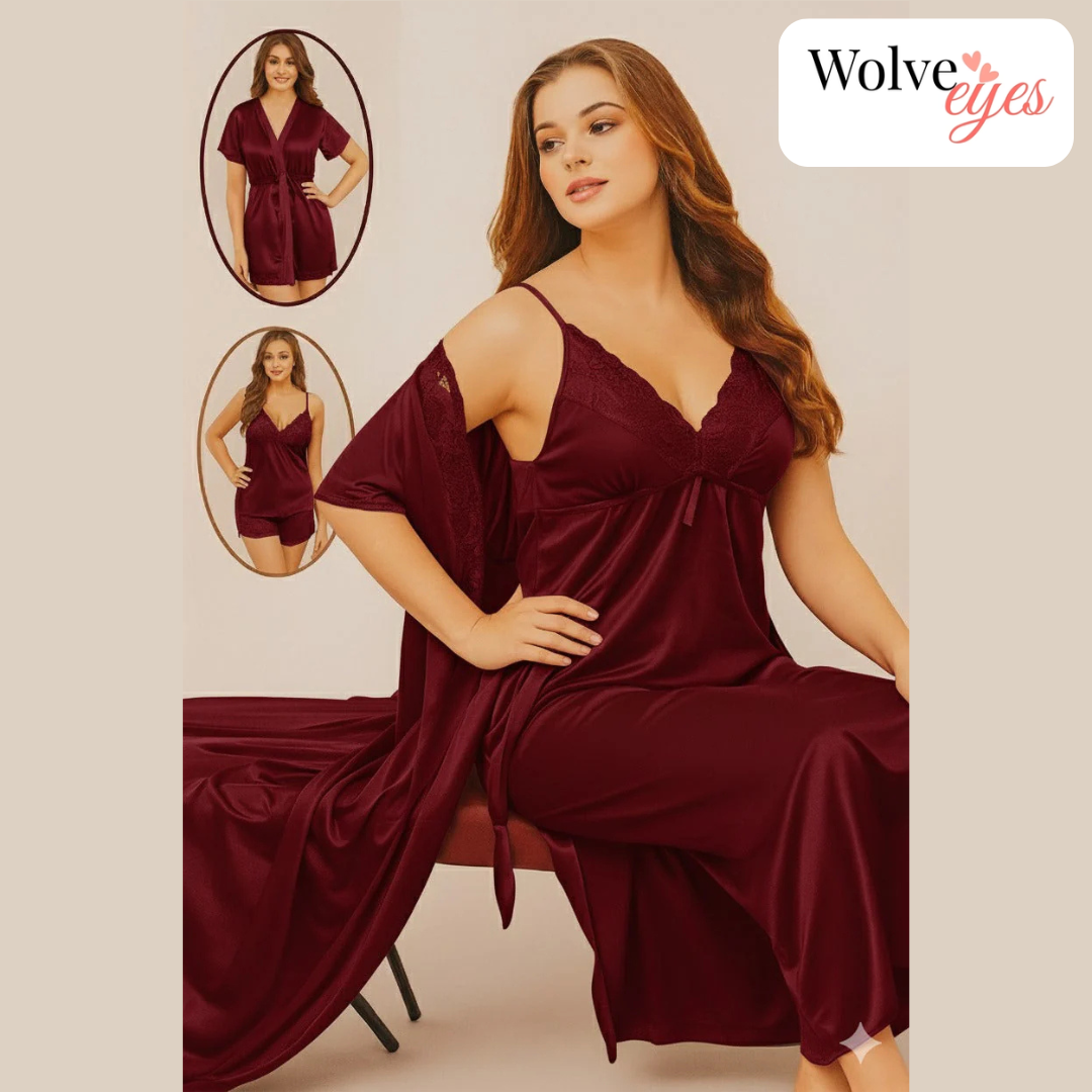 Luxury 4-Piece Silk Nightwear Set – Nightgown, Slip & Satin Robe Combo