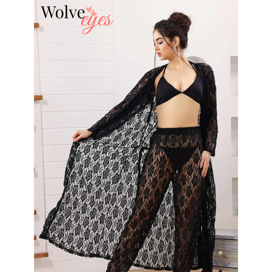 Luxury Lace 4-Piece Nightwear Set with Sheer Long Gown