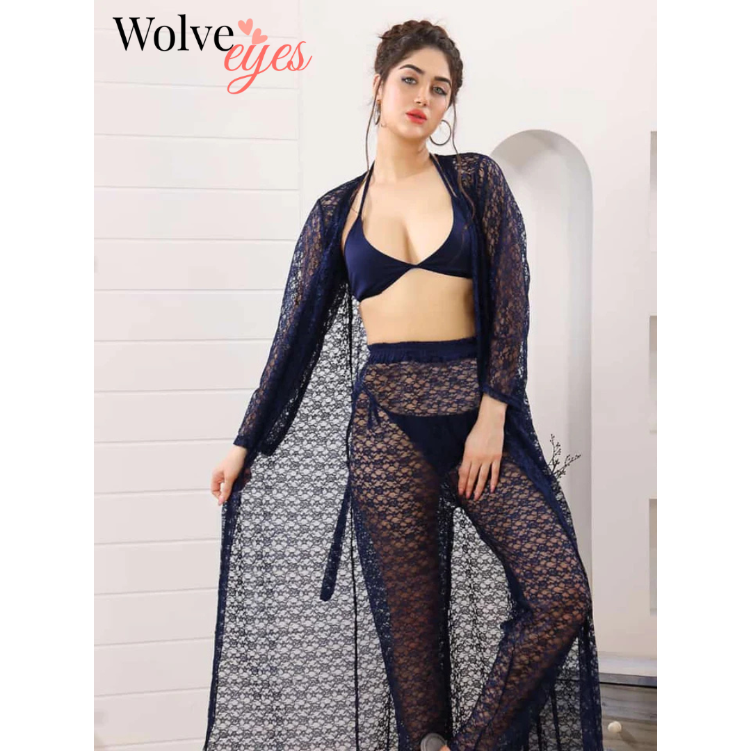 Luxury Lace 4-Piece Nightwear Set with Sheer Long Gown