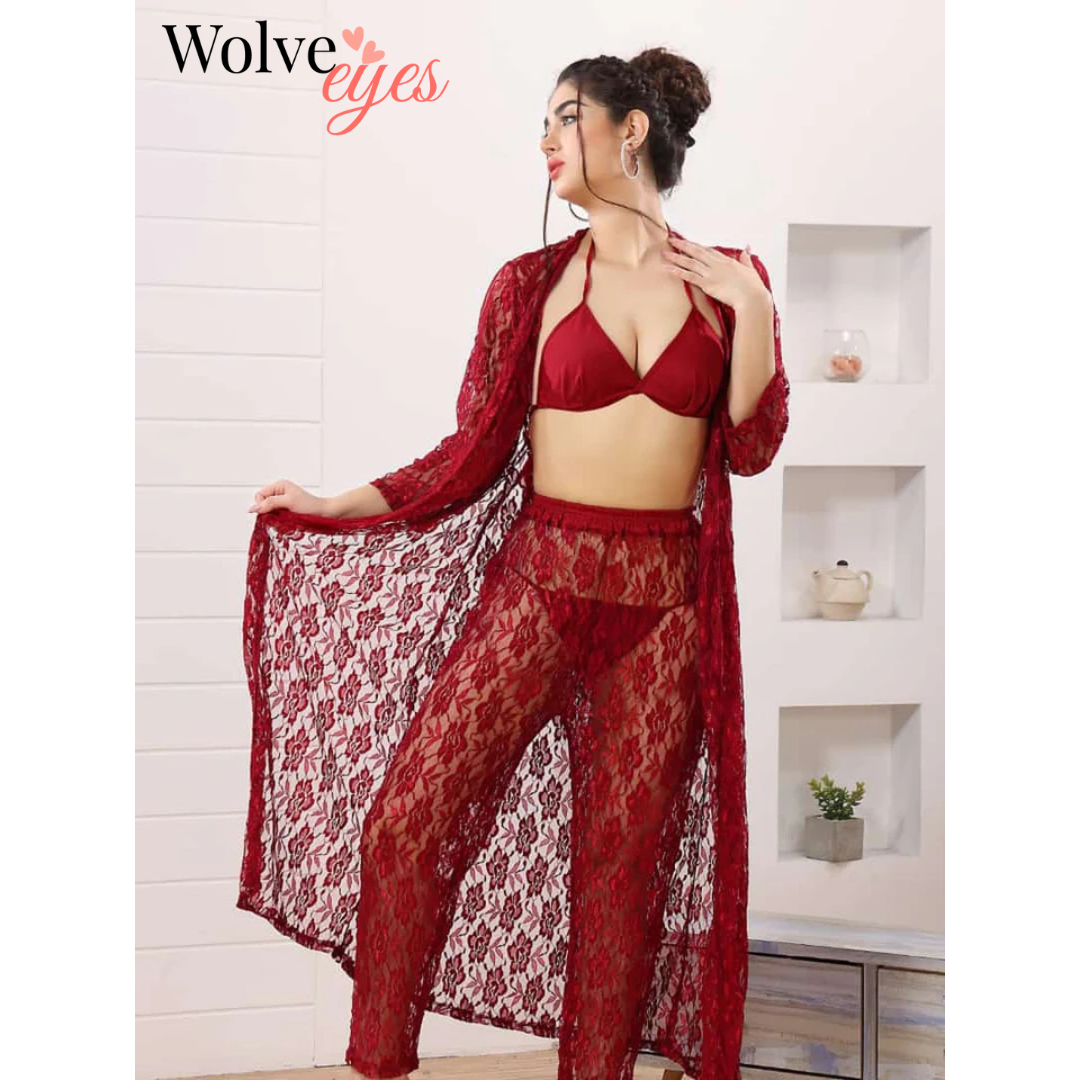 Luxury Lace 4-Piece Nightwear Set with Sheer Long Gown