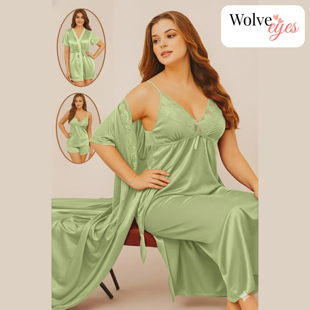 Luxury 4-Piece Silk Nightwear Set – Nightgown, Slip & Satin Robe Combo