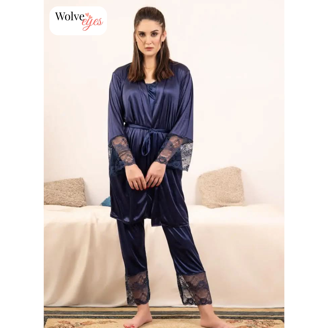 Charmel Lace Satin 3-Piece Nightwear Set