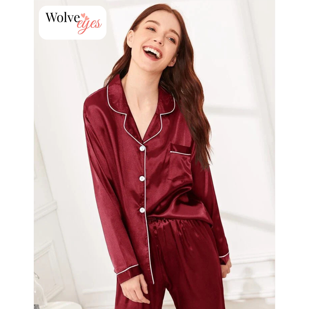 100% Silk Pajama Set with Contrast Piping