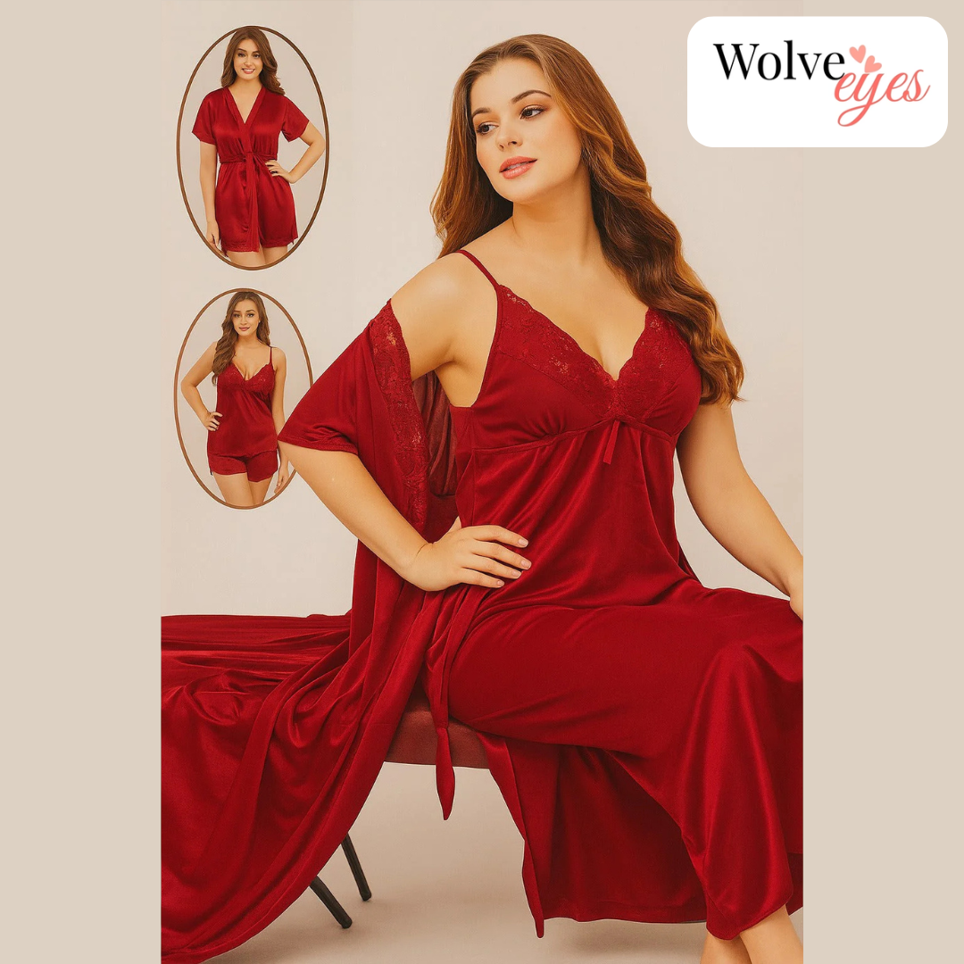 Luxury 4-Piece Silk Nightwear Set – Nightgown, Slip & Satin Robe Combo