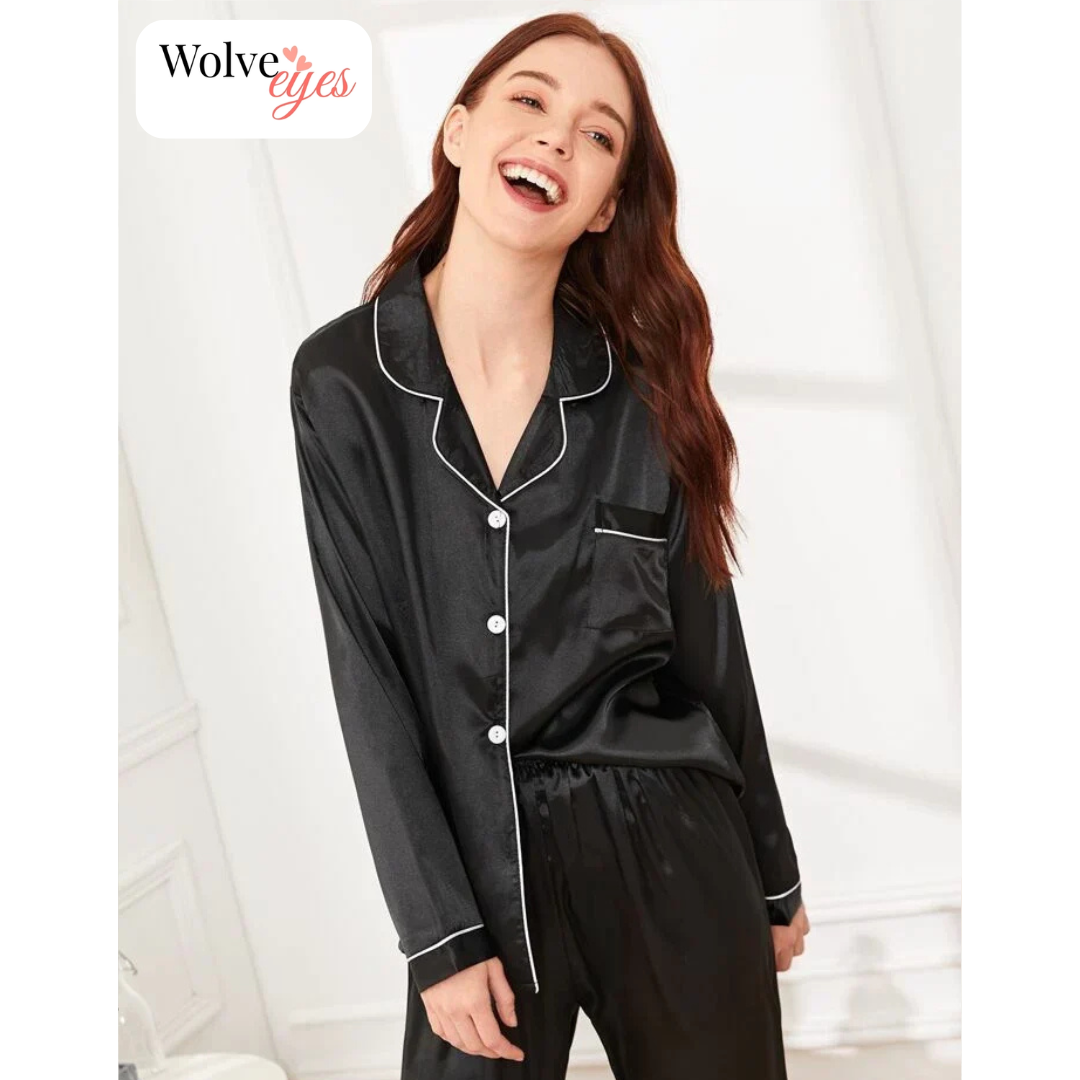 100% Silk Pajama Set with Contrast Piping