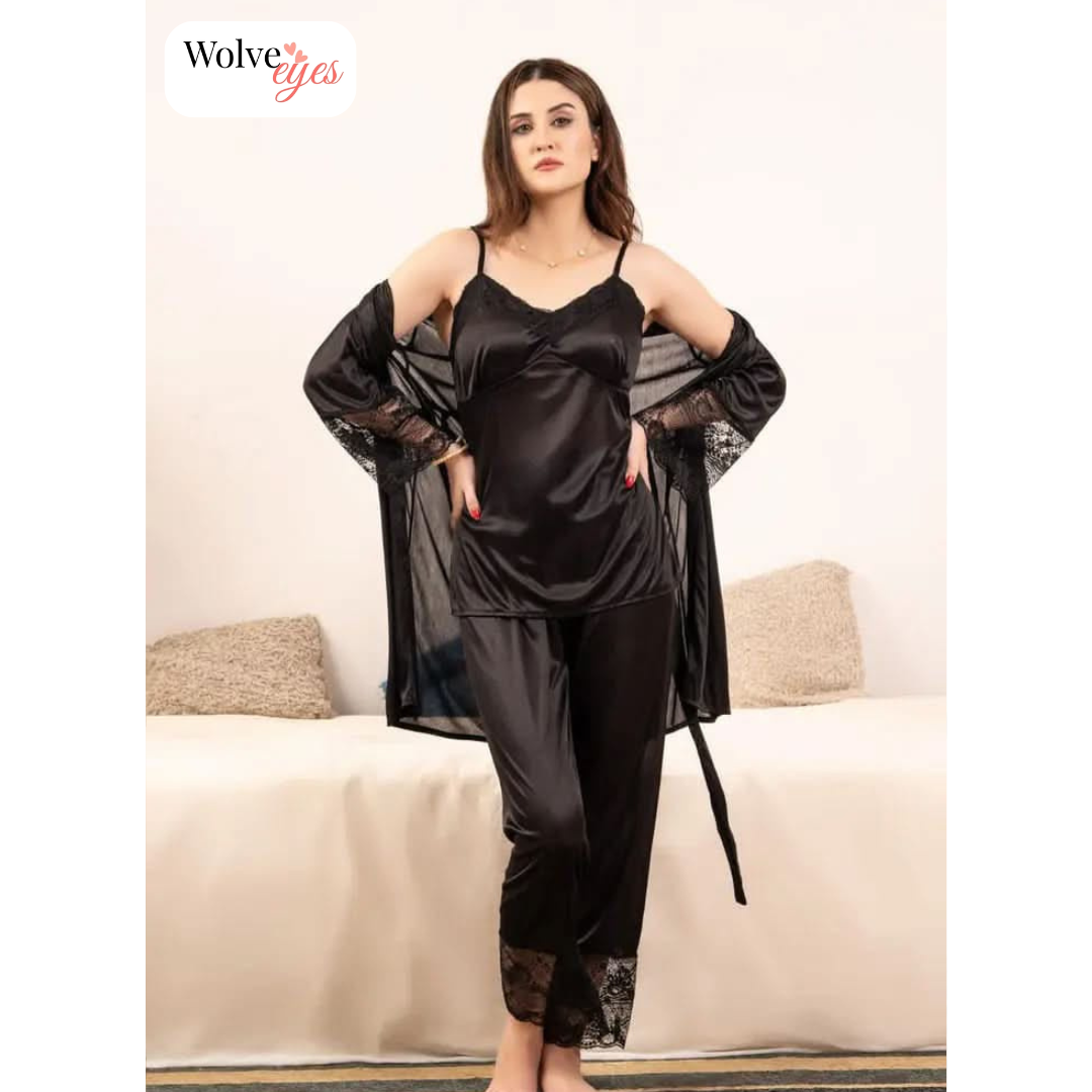 Charmel Lace Satin 3-Piece Nightwear Set