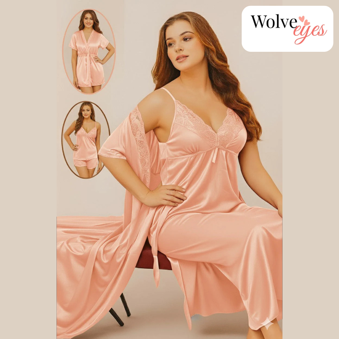 Luxury 4-Piece Silk Nightwear Set – Nightgown, Slip & Satin Robe Combo