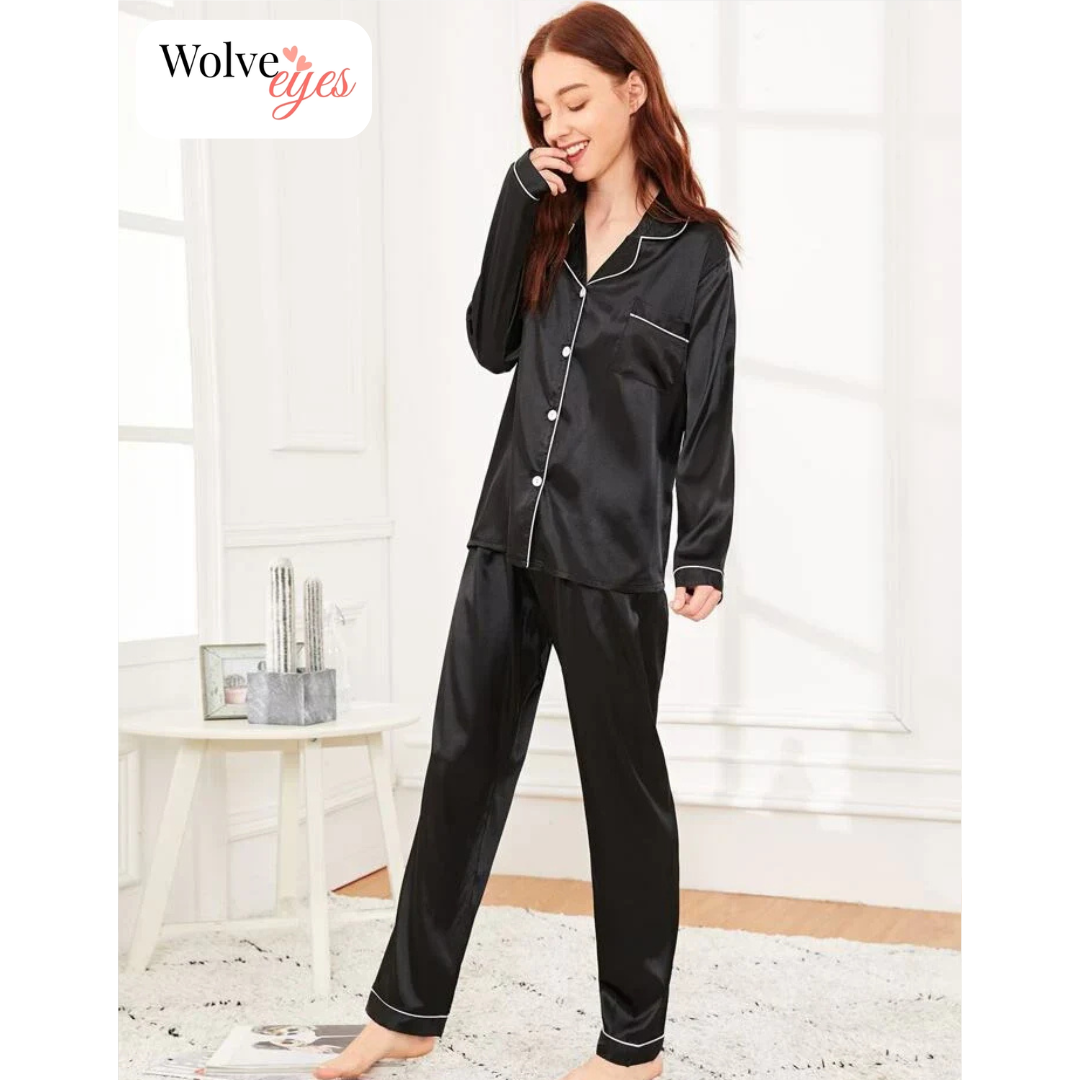 100% Silk Pajama Set with Contrast Piping