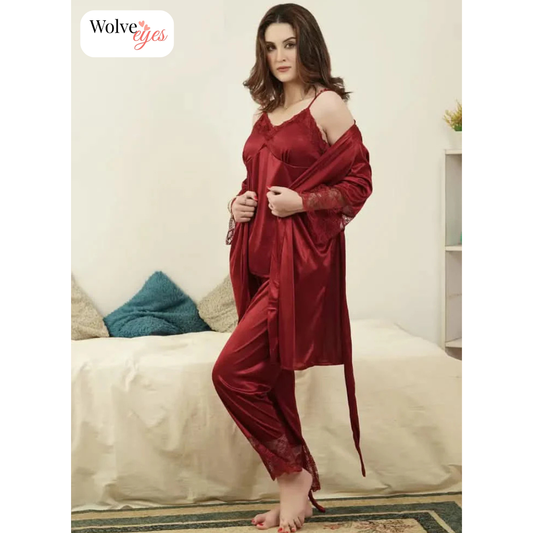 Charmel Lace Satin 3-Piece Nightwear Set