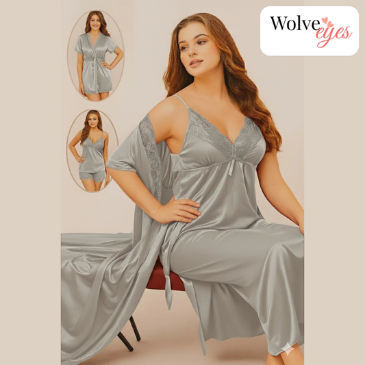 Luxury 4-Piece Silk Nightwear Set – Nightgown, Slip & Satin Robe Combo