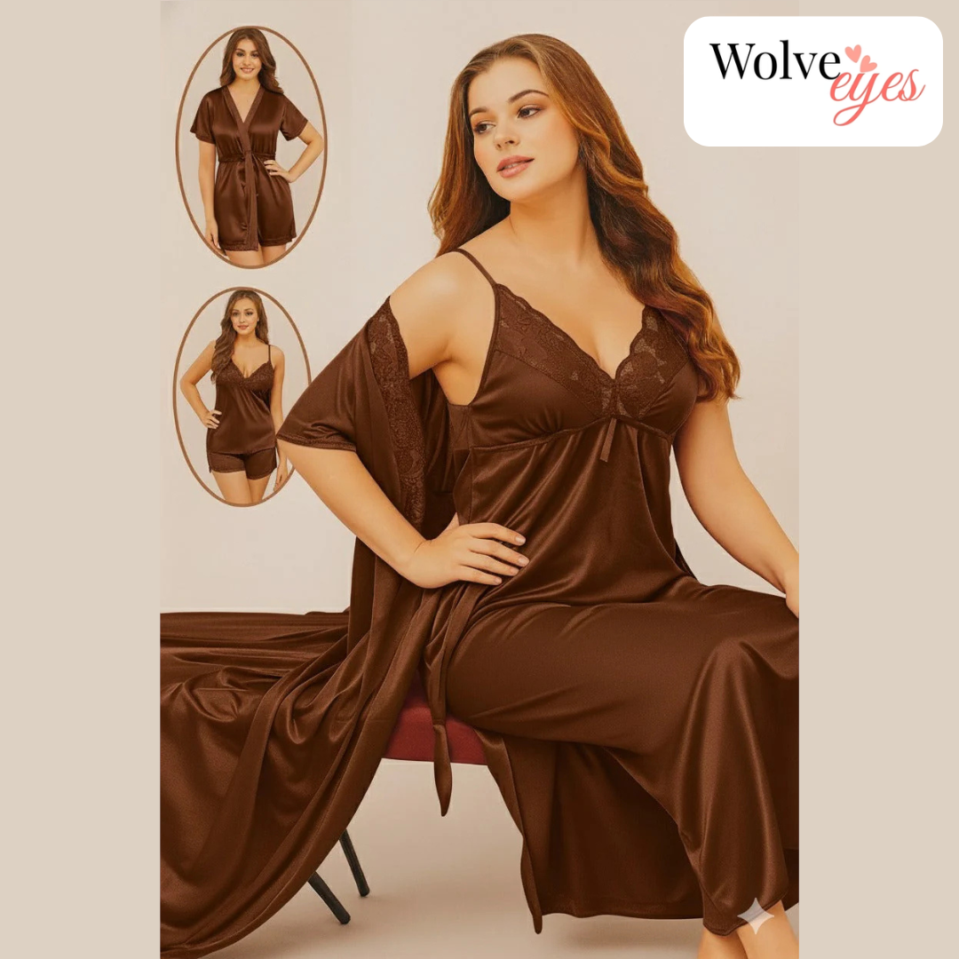 Luxury 4-Piece Silk Nightwear Set – Nightgown, Slip & Satin Robe Combo