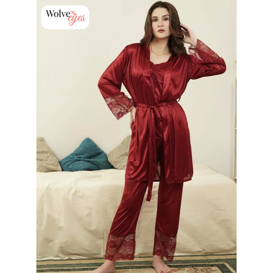 Charmel Lace Satin 3-Piece Nightwear Set