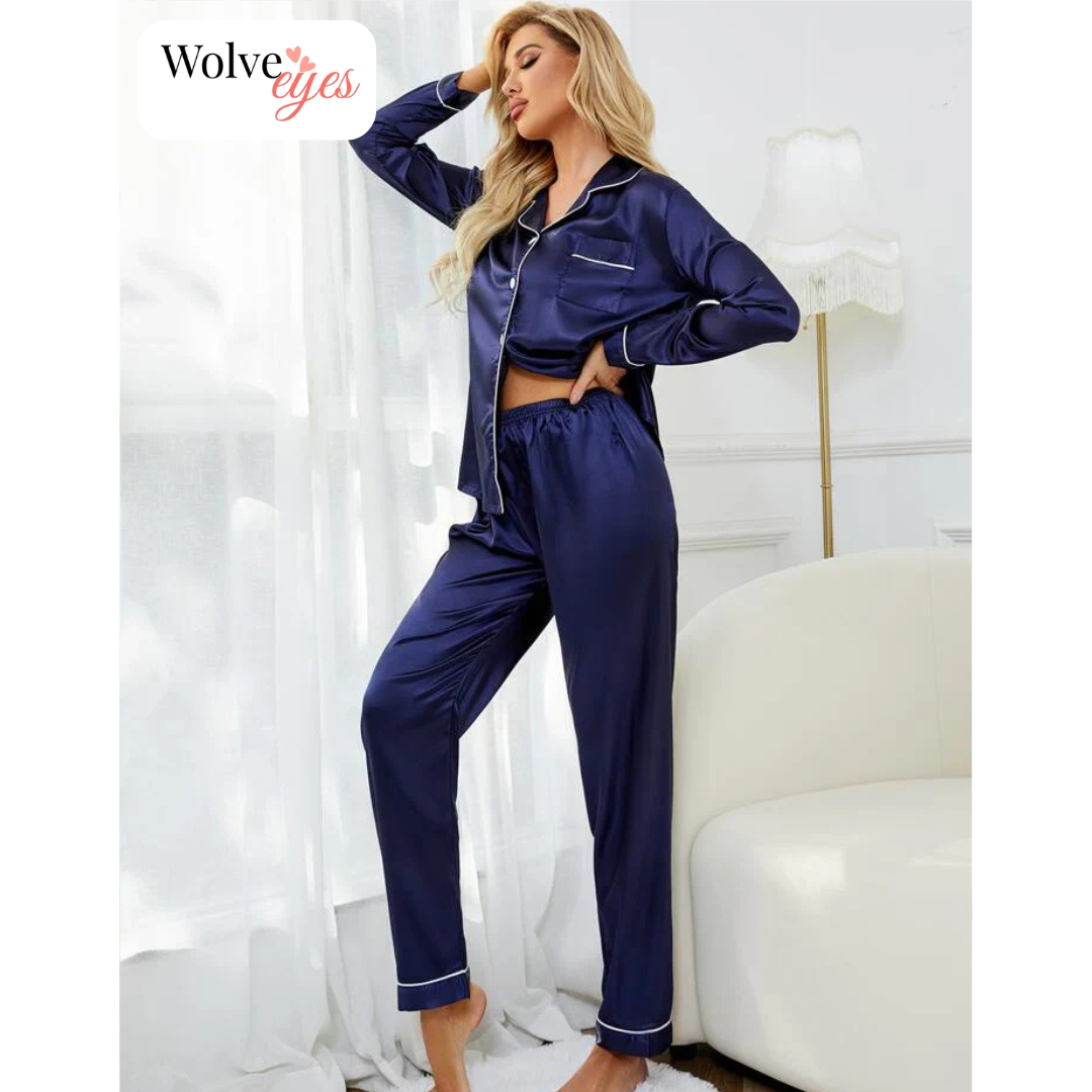 100% Silk Pajama Set with Contrast Piping