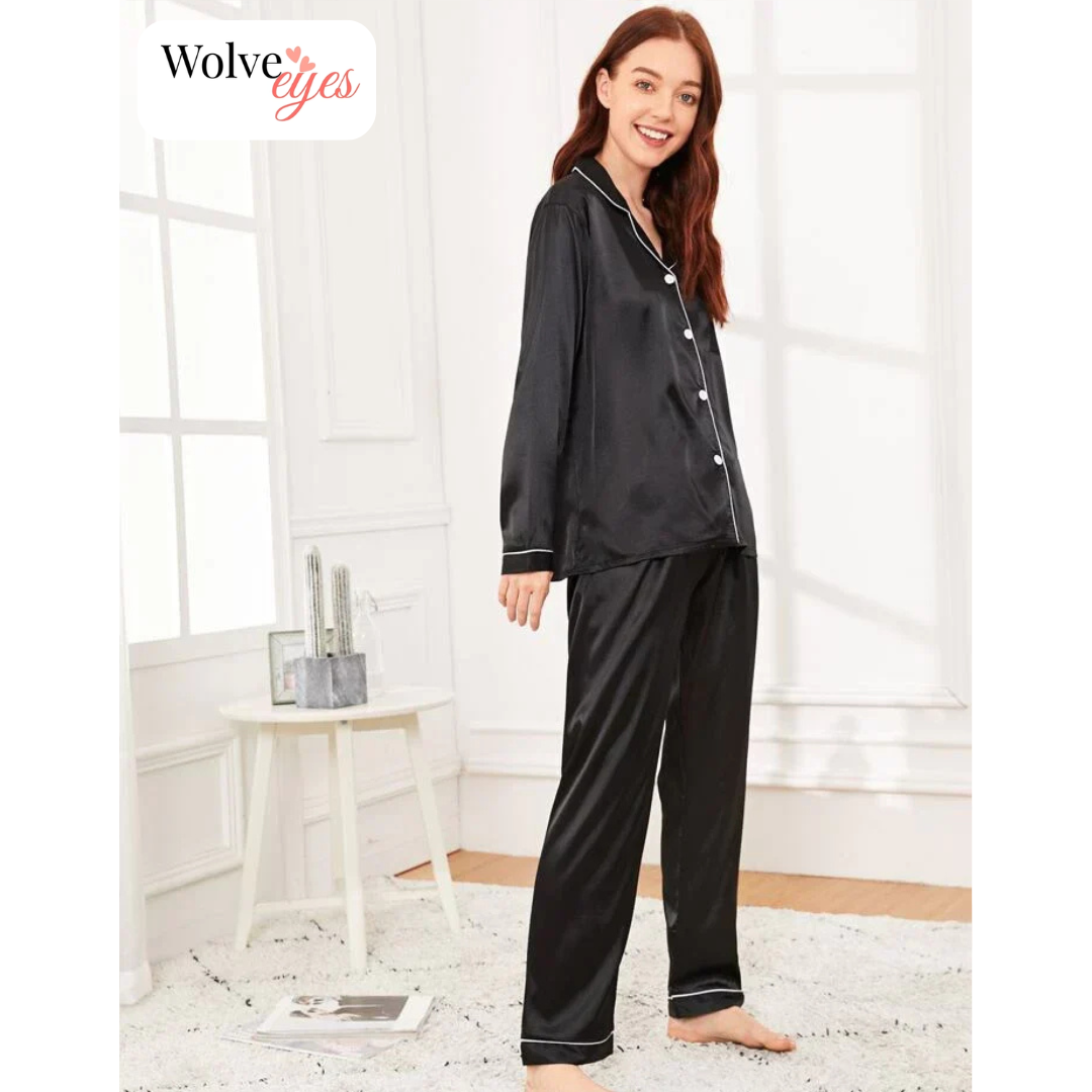 100% Silk Pajama Set with Contrast Piping