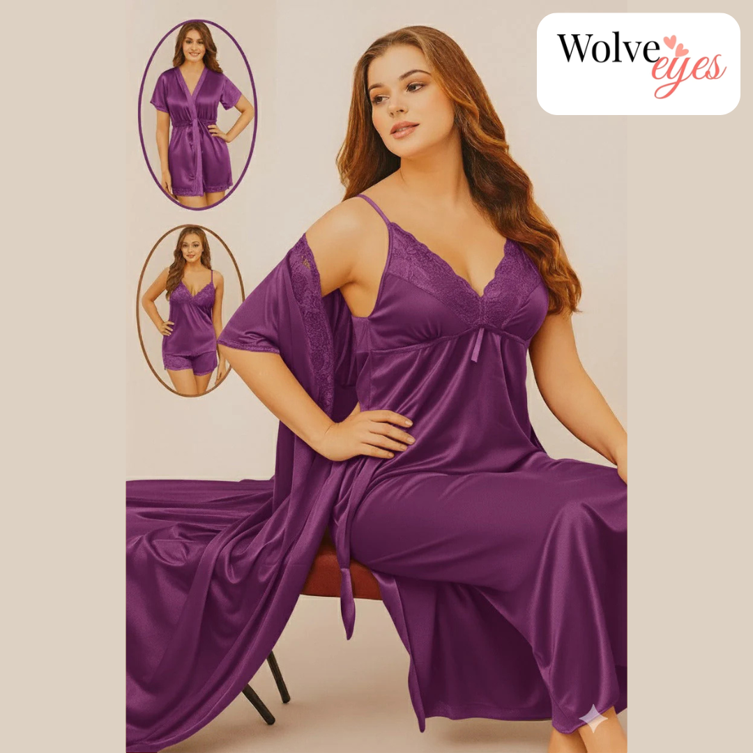 Luxury 4-Piece Silk Nightwear Set – Nightgown, Slip & Satin Robe Combo