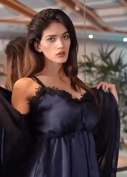 Midnight Muse 3-Piece Navy Satin Nightwear Set with Lace Trim