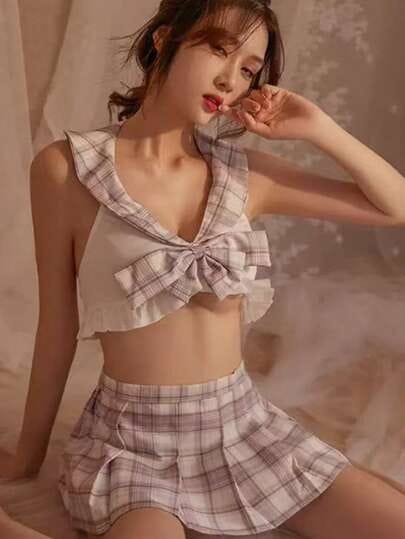 Soft Lavender Plaid Schoolgirl Lingerie Set