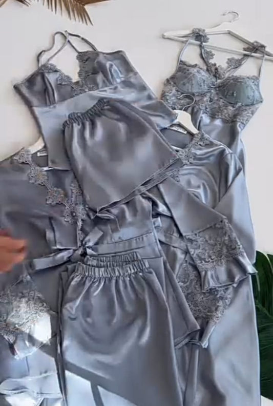 Grey Luxury 6-Piece Silk Nightwear Set with Long Slit